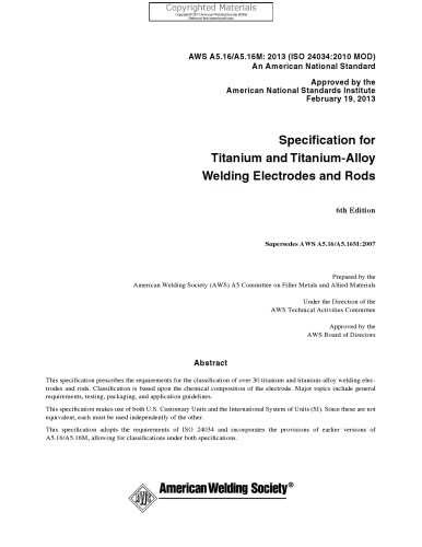 {PDF} Specification for titanium and titanium-alloy welding electrodes and rods American Welding Society. Committee on Filler Metals and Allied Materials.; American Welding Society. Technical Activities Committee.; American National Standards Institute