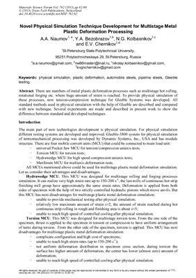 {pdf} Novel Physical Simulation Technique Development for Multistage Metal Plastic Deformation Processing Naumov A.A., Bezobrazov Y.A., Kolbasnikov N.G. Chernikov E.V.