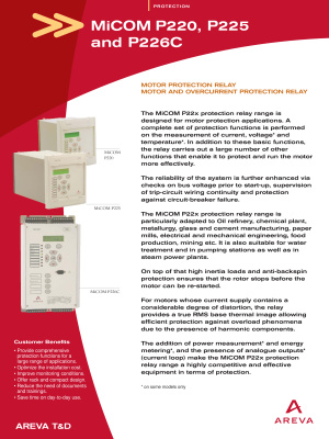 {PDF} Areva MiCOM P220, P225 and P226C - Motor and Overcurrent Protection Relays. Short Technical Description