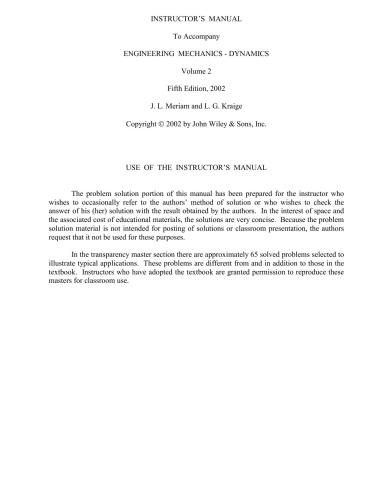 {PDF} Engineering Mechanics Dynamics Fifth Edition SI Version (Solutions Manual) J. L. Meriam and L. G. Kraige