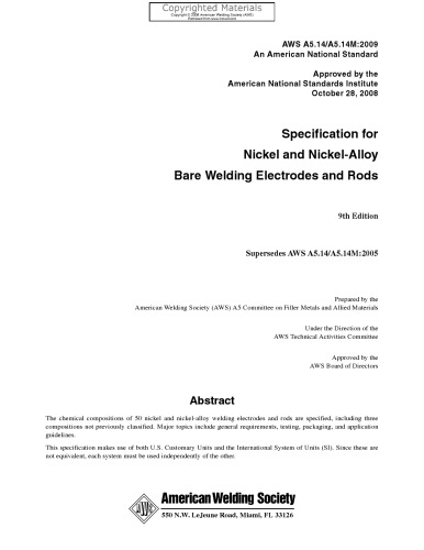 {PDF} Specification for nickel and nickel-alloy bare welding electrodes and rods American Welding Society. Committee on Filler Metals and Allied Materials.; American Welding Society. Technical Activities Committee.; American National Standards Institute