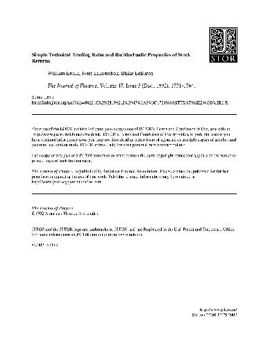 [PDF] Simple Technical Trading Rules and the Stochastic Properties of Stock Returns Brock W., Lakonishok J., LeBaron B.
