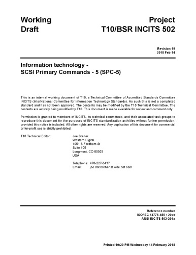 {PDF} SCSI Primary Commands - 5 (SPC-5 r19) T10 Technical Committee, R. O. Weber editor